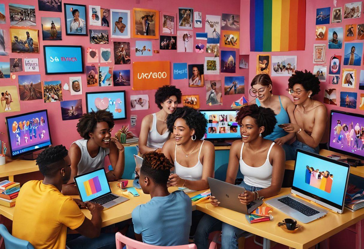 A vibrant scene depicting diverse individuals engaging with digital devices, surrounded by colorful screens showcasing queer adult content. Incorporate elements like rainbow flags and playful symbols of love and acceptance. The atmosphere should feel inclusive and celebratory, reflecting the evolution of queer representation in media. super-realistic. vibrant colors. 3D.