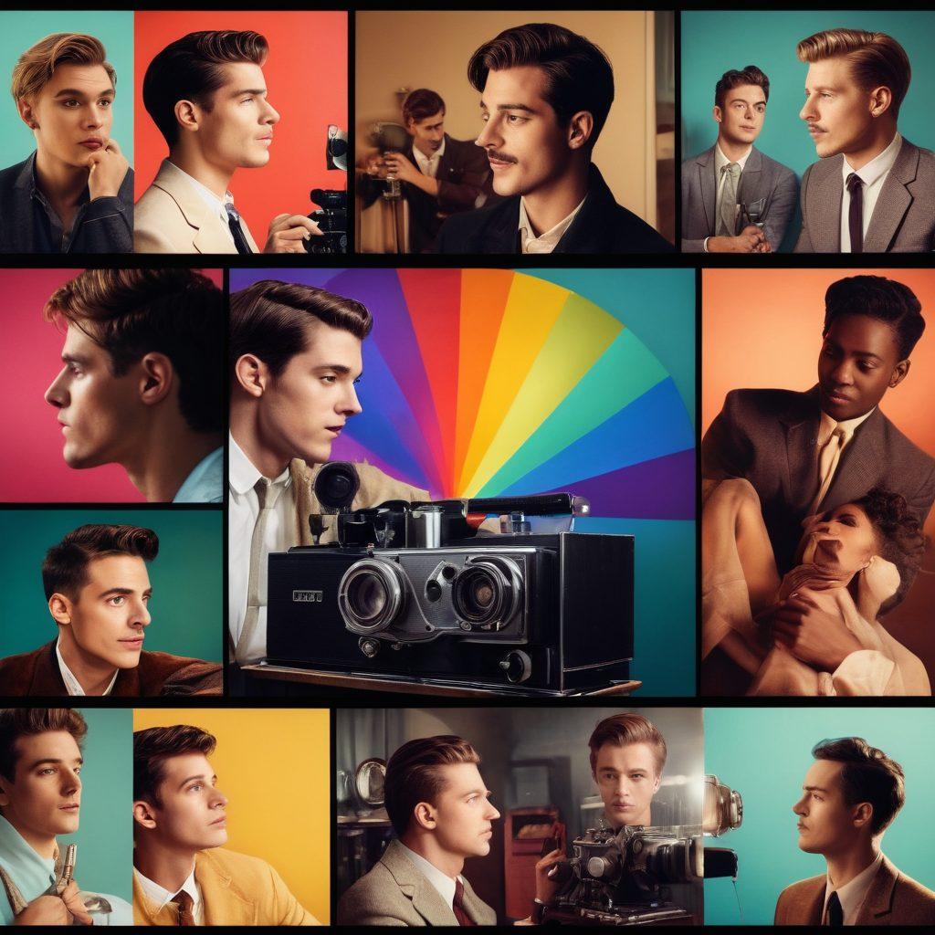 A vibrant collage of various gay short film scenes, featuring diverse characters in intimate, emotional moments. Include a vintage film projector casting light on the scenes, symbolizing amateur filmmaking. The background of the image should showcase film reels and a colorful burst of creative energy, representing exploration and expression. The overall tone should be bold and artistic, capturing the provocative essence of the content. cinematic style. vibrant colors. artistic collage.