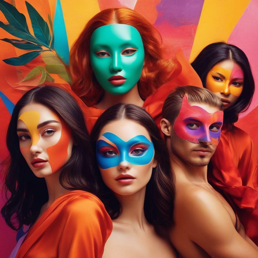 A captivating collage depicting a diverse group of characters engaged in playful exploration of their sensuality, set against a backdrop of vibrant, abstract shapes symbolizing desire and fantasies. Include elements like colorful masks, silk fabrics, and suggestive silhouettes to evoke a sense of intimacy and mystery. The atmosphere should feel inviting and provocative yet respectful, showcasing various expressions of love and attraction. super-realistic. vibrant colors. soft-focus.